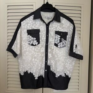 Badgley Mischka Lace Colorblock Button Shirt Women Size 4 Black White Chic
